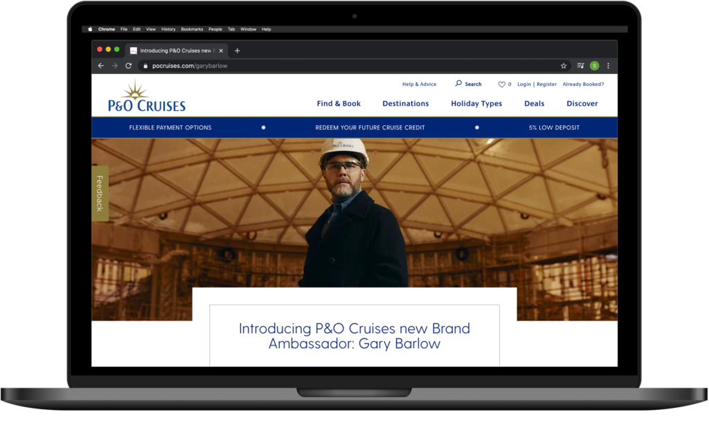 P and O Cruises website featuring Gary Barlow