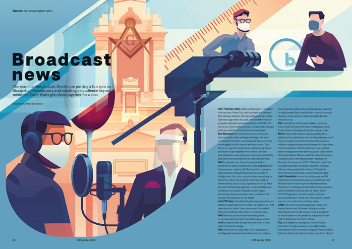 FMT spread with illustrations of people recording podcast