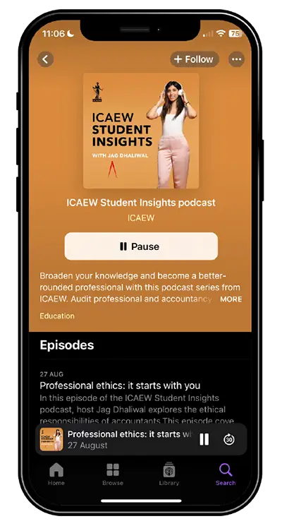 Mobile phone screen displaying the ICAEW student podcast